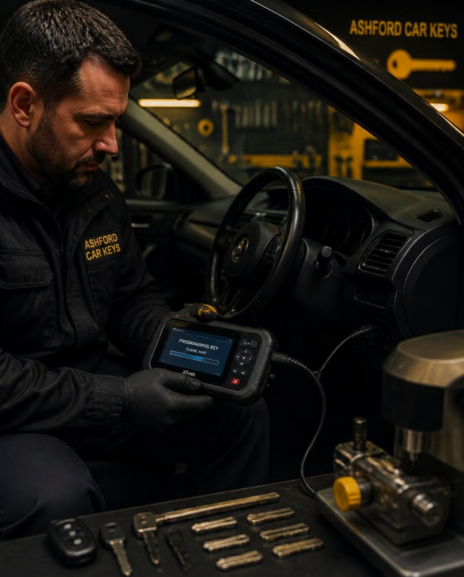 Auto locksmith programming a replacement car key with a diagnostic tool